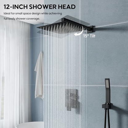 WELLFOR 12-In Wall Mounted Rain Shower Faucet with Single Handle and Handheld Spray, Waterfall Dual Head Shower Head System with 2-way Diverter, Pressure-balanced Valve Included, Matte Black - color: Matte Black, style: Wall Mount 12-Inch