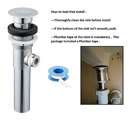 Sink Pop-Up Drain Stopper Assembly with Lift Rod and Overflow, Solid Brass Lavatory Pop Up Drain Assembly for Bathroom Vanity Sink, All Brass Construction (Chrome Plated) - color: Chrome Plated