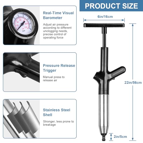 High Pressure Toilet Plunger for Toilet Bathroom Sink Kitchen Floor Clogged | Toilet Unclogger Tool with Visual Barometer, Anti-Splash Sealing Balloon, Ergonomic Non-Slip Handle, 7 Fittings