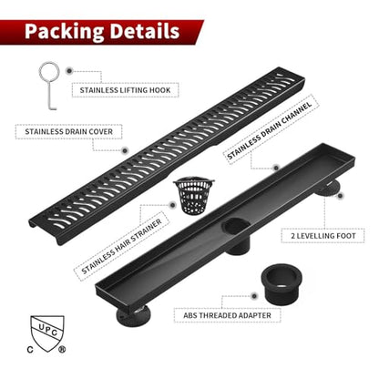 Sharp-tec Linear Shower Drain, 28 inch Shower Drain with Removable Pattern Cover, Matte Black 304 Stainless Steel Rectangle Floor Drain, Adjustable Feet and Hair Strainer Included - color: Matte Black, size: 28 inch