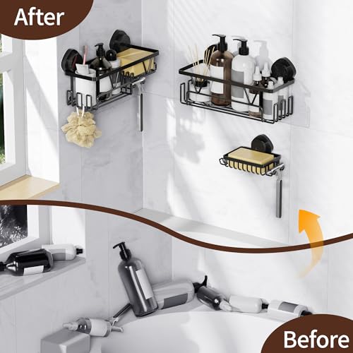 KEGII Shower Caddy Suction Cup, 3 Pack Removable Shower Shelves with Hooks & Soap Holder, No Drilling Bathroom Organizer, Waterproof Suction Storage for Inside Shower, Black