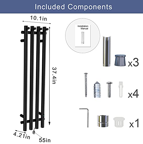 WarmRackCo Electric Heated Towel Rack with Timer - Black, Wall-Mounted Towel Warmer, 4 Vertical Bars, Plug-in or Hardwired, Round Luxury Design