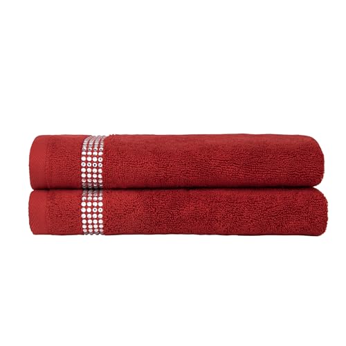 Stripe Fingertip Towel (Set of 2), 100% Turkish Cotton, Glass Rhinestones, 13", Machine Washable, Red - color: Red