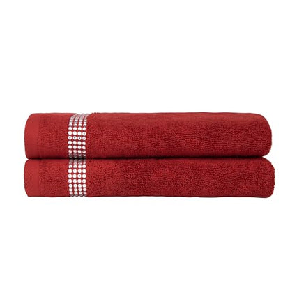 Stripe Fingertip Towel (Set of 2), 100% Turkish Cotton, Glass Rhinestones, 13", Machine Washable, Red - color: Red