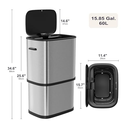 Furnify 16 Gallon / 60L Kitchen Trash Can, Motion Sensor Trash Bin with Lid | Large Capacity Touchless Garbage Waste Bin, Waterproof Brushed Trash Bin, Trash Can for Kitchen Bedroom Bathroom - color: Silver