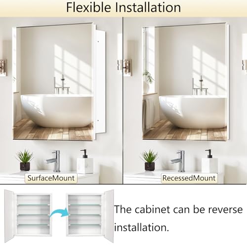 Bathroom Medicine Cabinet with 20x20 in Square Beveled Frameless Mirror,Wall Mounted Mirror Cabinet for Bathroom Toilet Kitchen,Recess or Surface Mount,Already Assembly - size: FMG-CM7005-2020