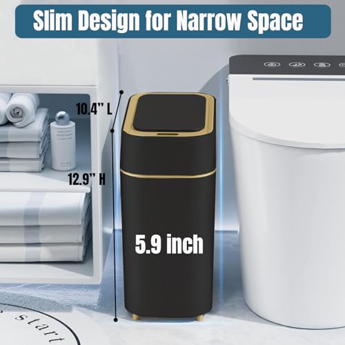 LALASTAR 2-Pack Bathroom Trash Can with Lid, Slim Motion Sensor Trash Can, Small Automatic Garbage Can Touchless, Waterproof Trash Bin for Bedroom, Office, Living Room, 2.3 Gal, Black with Gold Trim - color: Black+Gold Trim