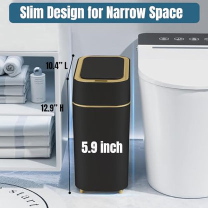LALASTAR 2-Pack Bathroom Trash Can with Lid, Slim Motion Sensor Trash Can, Small Automatic Garbage Can Touchless, Waterproof Trash Bin for Bedroom, Office, Living Room, 2.3 Gal, Black with Gold Trim - color: Black+Gold Trim