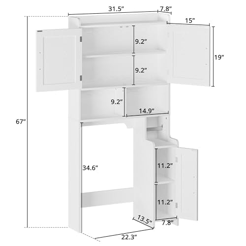 IRONCK 67 in Over The Toilet Storage Cabinet with Adjustable Shelves White | waterproof; side cabinet; toilet paper holder; anti-tip stable frame; bathroom laundry room; barn door farmhouse decor