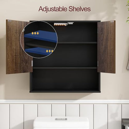 Bathroom Cabinet with Mirror & LED, Wall Mounted Bathroom Cabinet,Side Hook | Magnetic mirror Door,Detachable magnetic Light ,Adjustable Shelves,Side Hook,Open Bottom Shelf,Wood Grain,Over Toilet Mount - color: Black&walnut