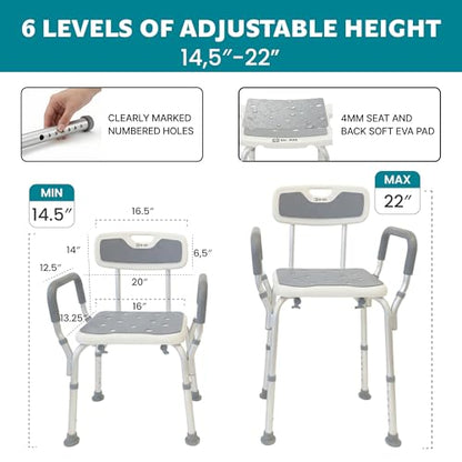 Dr. Aid Shower Chair, 6-Height Adjustable, 400 lbs, Grey Seat Cushion | Height Adjustable, Anti-Slip, Tool-Free Assembly, Arms & Back Support