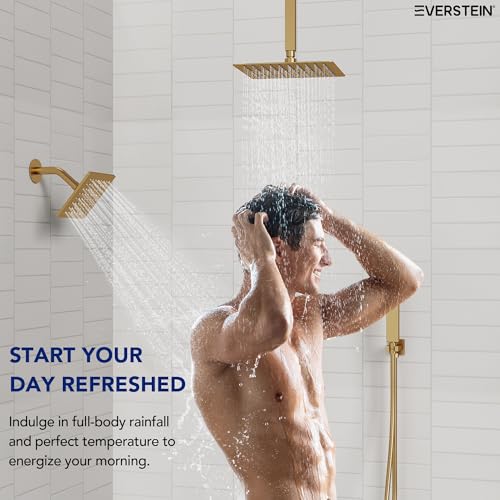 Ceiling Mount 12" High-Pressure Rainfall Shower Faucet, Dual Rainfall Shower Head System with Valve (Brushed Gold) - color: Gold, style: Ceiling Mount