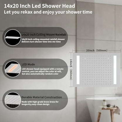 Shower Faucet Set Ceiling 20x14 inch LED Shower Head, Temperature Display Thermostatic Shower Valve, and Two 8-inch Wall Mounted Shower Heads Handheld Combination (Brushed Nickel) - color: Brushed Nickel