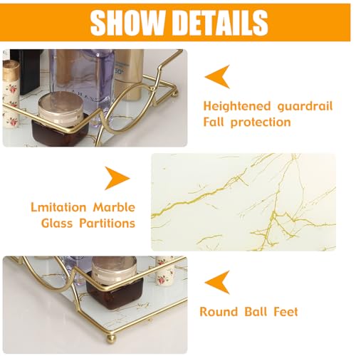 Large Bathroom Vanity Tray White Gold Glass Counter Organizer | 12.6” Glass Handled Tray with Metal Frame, for Perfume, Skincare, Kitchen Counter, Coffee Bar, Entryway & Vanity - color: White Gold-large