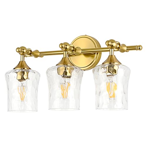 3-Light Bathroom Vanity Light Fixture Over Mirror, Brushed Gold | Clear Hammered Glass Shades, Beaded Crossbar Frame, Rippled Glow, Wall Mount Up or Down, E26 Socket, Hardwired, 120V - color: Brushed Gold
