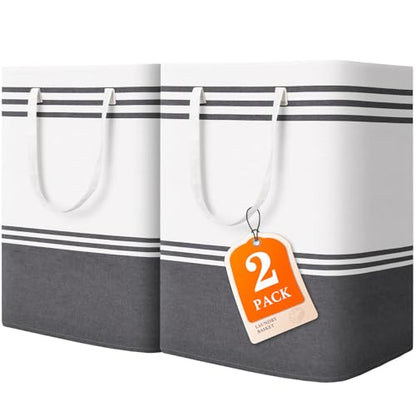 2 Pack Large Home Laundry Basket, Laundry Hamper, Freestanding Waterproof Dirty Clothes Bag, Tall Clothes Hamper - Extended & Reinforced Handles for College Dorm, Family (Light Grey/100L) - size: 2 x 100L