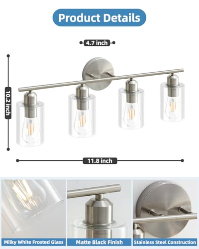 4-Light Bathroom Light Fixtures, Brushed Nickel Vanity Lights for Bathroom - color: Brushed Nickel, size: 4 Light - 1 pack