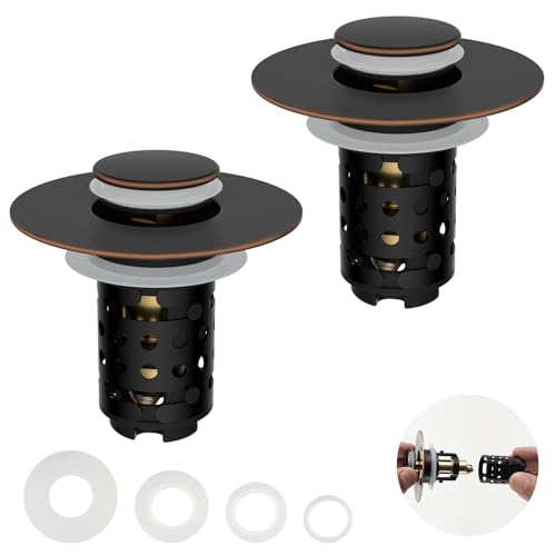 2PCS Universal Bathroom Sink Drain Strainer Hair Catcher, Oil Rubbed Bronze | Upgraded with 2-Layer Detachable Filter Basket, 4 in 1 Pop Up Drain Strainer, Anti-Clog, Fit for 1.1''~2.36'' Sinks - color: Oil Rubbed Bronze