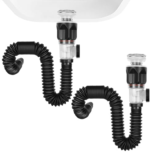 2 Pack Bathroom Sink Drain Kit, with Flexible Expandable P-Trap Sink Drain Pipe, Fits 1-1/4",1-1/2" and 2'' Drain Hole, Built-in Anti-Clogging Stopper, Anti-Odor Without Overflow - color: Black Without Overflow, style: 2 Pack