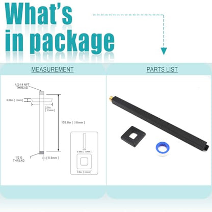 Matte Black Shower Arm with Flange and Teflon Tape for High Ceiling or Fixed Rain Showerhead, Universal Connection 16-inch Square Straight Shower Head Extender Extension Pipe, 304 Stainless Steel - color: Matte Black, style: 16inch