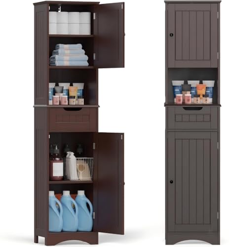 Gizoon 67” H Tall Bathroom Storage Cabinet, Narrow Cabinet, Dark Brown | Towel Cabinet with Freestanding Adjustable Shelves and 2 Doors & Drawer for Small Spaces, Kitchen, Living Room, Anti-Tipping - color: Dark Brown
