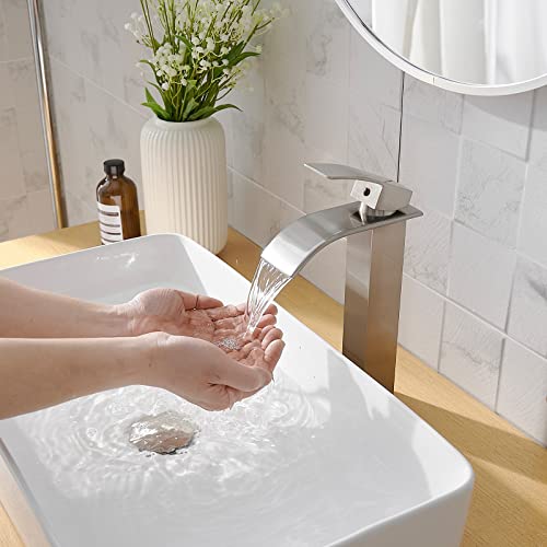 Brushed Nickel Bathroom Vessel Sink Faucet Modern Waterfall Vessel Faucet | Stainless Steel Tall 1 Hole Single Handle Vanity Lavatory Modern Commercial Mixer Tap With Pop Up Drain by BATHLAVISH - color: Brushed Nickel, size: Modern Vessel Sink Faucet