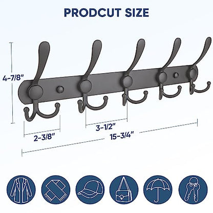 TICONN Wall Mounted Coat Rack, Five Heavy Duty Tri Hooks All Metal Construction for Jacket Coat Hat in Mudroom Entryway (Space Gray, 2-Pack) - color: Space Gray