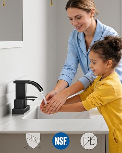 gotonovo Waterfall 4’’ Centerset Bathroom Sink Faucet Matte Black | 2 Handle Bathroom Faucet,SUS304,2 or 3 Hole,2.17’’ Wide Spout,24’’ cUPC Water Line,Pop Up Drain,Vanity,RV,Lavatory Modern Tap - color: Black