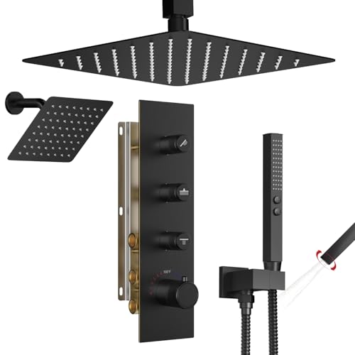 Thermostatic Shower System,Shower Faucet Set,12 Inch Ceiling Mounted and 6 Inch Wall Mount Rain Shower Head with 2 in 1 Handhled,Push Button Diverter Dual Shower Head Combo Set Matte Black - color: Matte Black, size: 12"-2