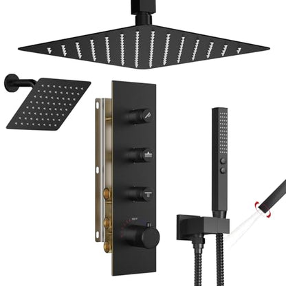 Thermostatic Shower System,Shower Faucet Set,12 Inch Ceiling Mounted and 6 Inch Wall Mount Rain Shower Head with 2 in 1 Handhled,Push Button Diverter Dual Shower Head Combo Set Matte Black - color: Matte Black, size: 12"-2