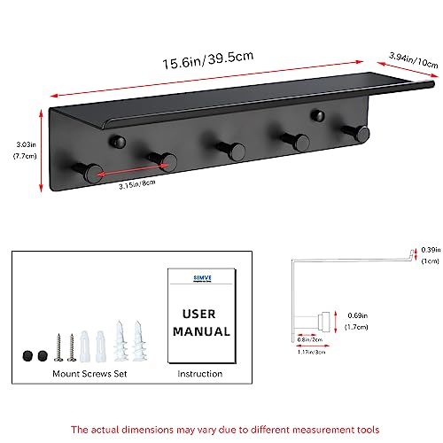 Bathroom Towel Rack Wall Mounted, Rustproof Aluminium Shelf with 5 Bath Robe Hook, Decor Display Storage, Hot Tub Accessories, Hanging Hanger for Hat, Key, Bag Holder, Bathtub