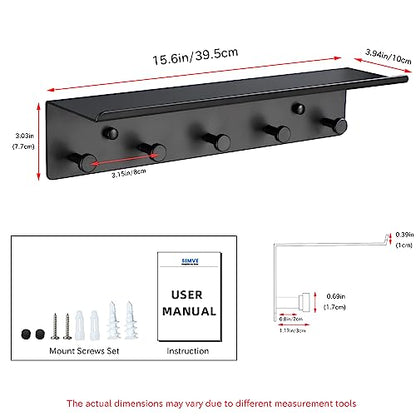 Bathroom Towel Rack Wall Mounted, Rustproof Aluminium Shelf with 5 Bath Robe Hook, Decor Display Storage, Hot Tub Accessories, Hanging Hanger for Hat, Key, Bag Holder, Bathtub