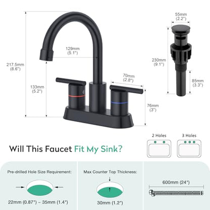 Faustina Matte Black Bathroom Faucet, 4 Inch Centerset Bathroom Faucets for Sink 2 Hole 3 Holes，Two Handles 304 Stainless Steel Faucet with Pup up Drain and 2 cUPC Water Supply Lines for RV Vanity - color: Black, style: Modern Centerset