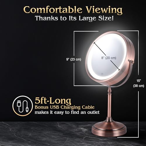 MIRRORVANA Lighted Make Up Mirror with 15X Magnification - 15X & 1X Double Sided LED Makeup Mirror with 3 Lighting Modes, Rechargeable Battery with USB Cable - 8" Wide & 15" Tall (Antique Bronze)