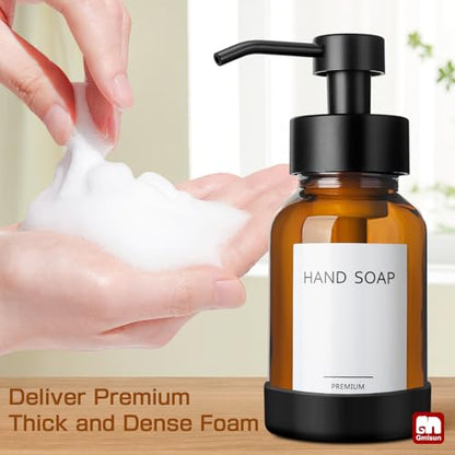 GMISUN Amber Foam Soap Dispenser, 8.5 Fl oz Amber Glass Foaming Hand Soap Dispenser for Bathroom & Kitchen, 2 Pcs Modern Refillable Foaming Soap Dispensers, Foam Pump Bottle with Label & Silicone Boot - color: Amber Bottle, size: 8.5 Fl oz with Silicone B