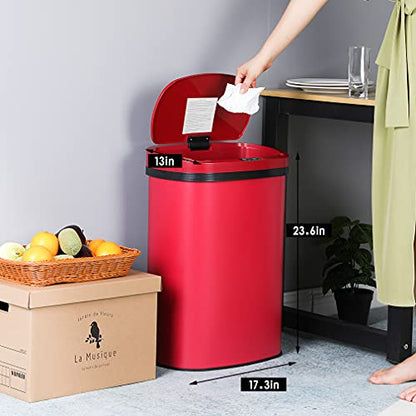 13 Gallon 50 Liter Garbage Can Kitchen Trash Can with Lid Automatic Sensor Touch Free Stainless Steel Waste Bin for Bathroom Bedroom Home Office,Red - color: Red, style: Stainless Steel