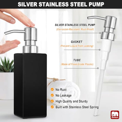 GMISUN Black Soap Dispenser, Hand Soap Dispenser Bathroom, 12 fl oz/350ml Glass Soap Dispensers with Stainless Steel Pump, Refillable Liquid Dish Dispenser for Kitchen, Modern Soap and Lotion Bottles - color: Black Bottle + Sliver Pump