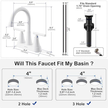 Bathroom Faucet, Hurran 4 inch Centerset 2-Handle Lead-Free, White | Bathroom Sink Faucet with Pop-up Drain and Supply Lines, Stainless Steel Faucet for Vanity RV Restroom Laundry Outdoor Sink - color: White