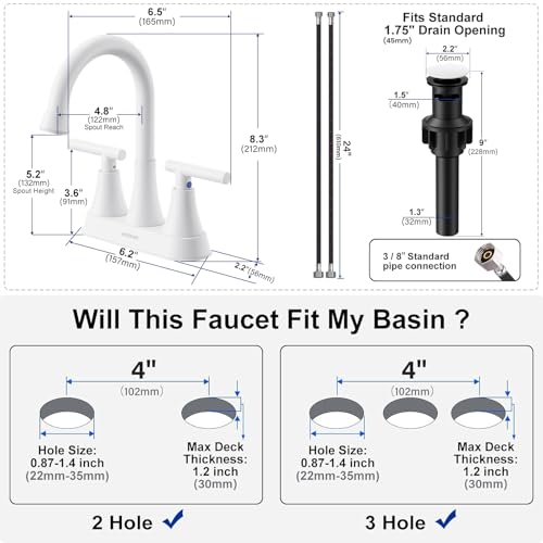 Bathroom Faucet, Hurran 4 inch Centerset 2-Handle Lead-Free, White | Bathroom Sink Faucet with Pop-up Drain and Supply Lines, Stainless Steel Faucet for Vanity RV Restroom Laundry Outdoor Sink - color: White