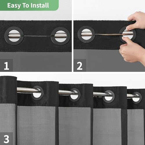 eachope Black No Hook Shower Curtain with Snap-in Fabric Liner Set,Slub Textured Fabric Shower Curtains for Bathroom,Hotel Style Modern Shower Curtain,Water Repellent & Washable,71x74(72) | Hotel Style Fabric with See-Through Top Window, Water Repellent &