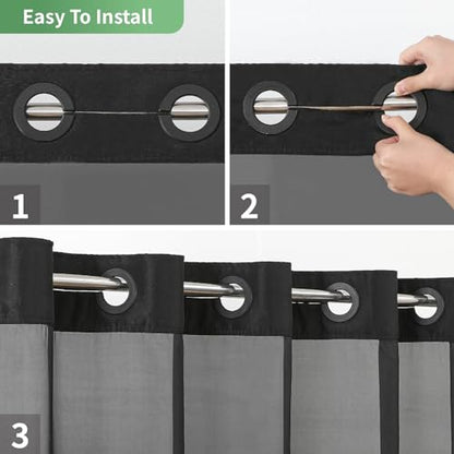 eachope Black Long No Hook Shower Curtain with Snap-in Fabric Liner Set,Slub Textured Fabric Shower Curtains for Bathroom,Hotel Style Modern Shower Curtain,Water Repellent & Washable,71x80(78) | Extra Long Hotel Style Fabric with See-Through Top Window, W