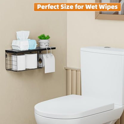 VITVITI Toilet Paper Holder with Shelf, Wall Mounted Storage Basket, Black | Farmhouse Wall Mount Toilet Paper Holder Shelves, Wood Metal Toilet Roll Wipes Holder for Bathroom - color: Black