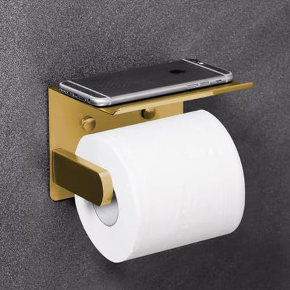 VAEHOLD Self Adhesive Toilet Paper Holder with Phone Shelf Stainless Steel Wall Mounted Toilet Paper Roll Holder - Rustproof and Bathroom Washroom Tissue Roll Holder with Storage Shelf - Gold - color: Gold