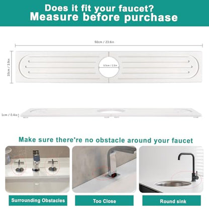 23.6" Drying Stone Faucet Mat for Kitchen Sink - Diatomite Quick Dry Splash Guard, Water Absorbent Stone Tray, Durable Protector for Bathroom Counter (White, 23.6" x 3.9")