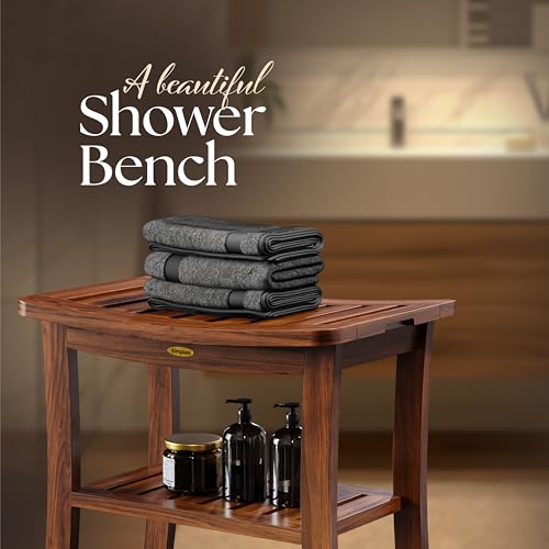 Teak Shower Bench for Inside Shower, Solid Teak Wood Bathroom Bench with Shelf, Waterproof Indoor Outdoor Spa Bench