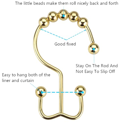 DAWNER Shower Curtain Hooks Rings, Rust Proof Hooks, Metal Easy Glide Double Shower Rings Hooks, Stainless Steel Shower Curtain Hangers for Bathroom Shower Curtains, Set of 12 Hooks, Gold Color - color: Gold