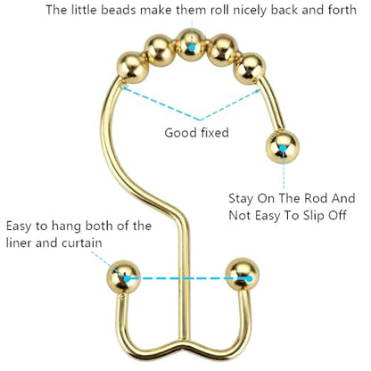 DAWNER Shower Curtain Hooks Rings, Rust Proof Hooks, Metal Easy Glide Double Shower Rings Hooks, Stainless Steel Shower Curtain Hangers for Bathroom Shower Curtains, Set of 12 Hooks, Gold Color - color: Gold