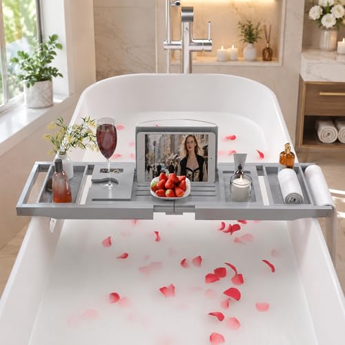 Artmeer Bamboo Bathtub Tray Caddy, Expandable Bath Table for Tub, Bathroom Organizer with Cup Holder, Book Stand and Extending Sides, Gray