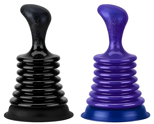 Mini Sink Plunger 2 Pack (Blue & Black), Powerful Bellows Clog Remover, Commercial Style Plumbing Tool for Kitchen & Bathroom Drains, Compact for Sink, Bathtub & Shower