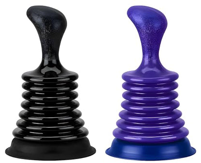 Mini Sink Plunger 2 Pack (Blue & Black), Powerful Bellows Clog Remover, Commercial Style Plumbing Tool for Kitchen & Bathroom Drains, Compact for Sink, Bathtub & Shower